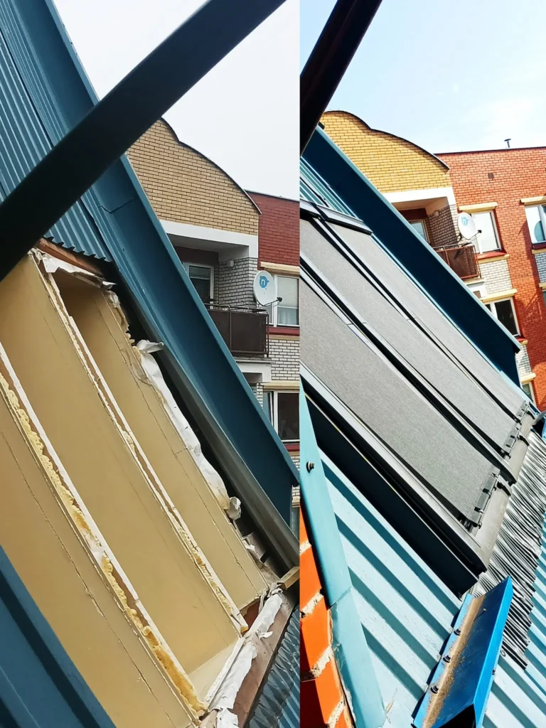 Porównanie dachu z blachy falistej przed i po montażu okna dachowego Velux – osiedle Nowe Miasto Białystok, realizacja Roofie Service